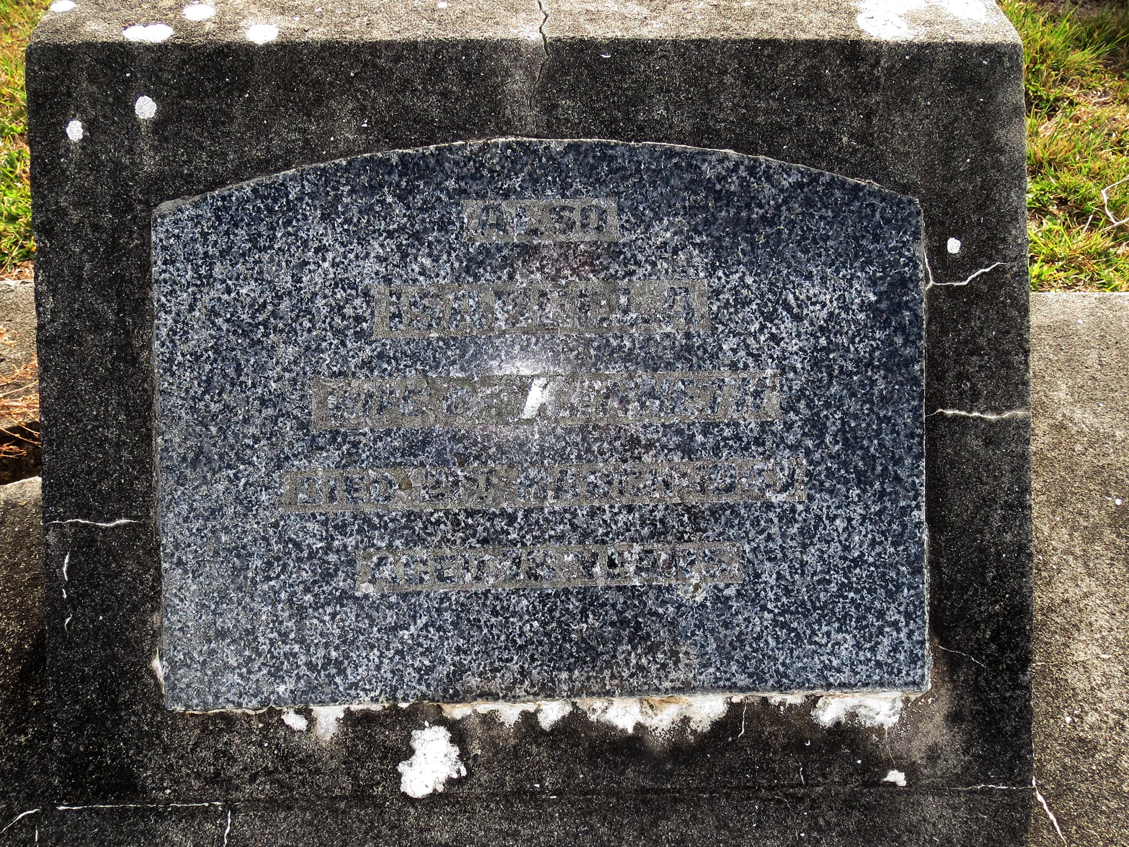 Photo of headstones/Isabella McLennan (wf of K M McL) hdstn Waipu